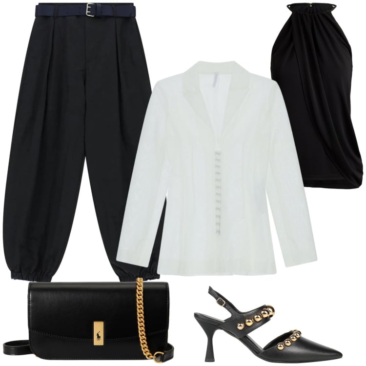 Outfit donna - A cena con stile. Stile Chic per Serata fuori. Abbinamento con décolleté, pantaloni, blazer, clutch, top.