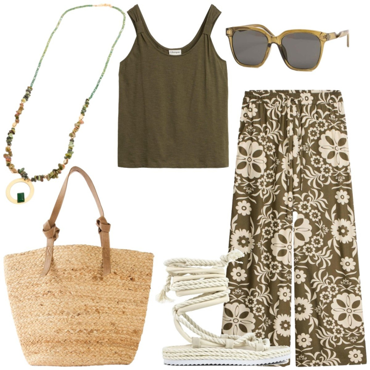 Outfit donna - Total look #2418041. Stile Boho per Tutti i giorni. Abbinamento con shopping bag, pantaloni, canottiere, occhiali da sole, ciondoli, sandali.