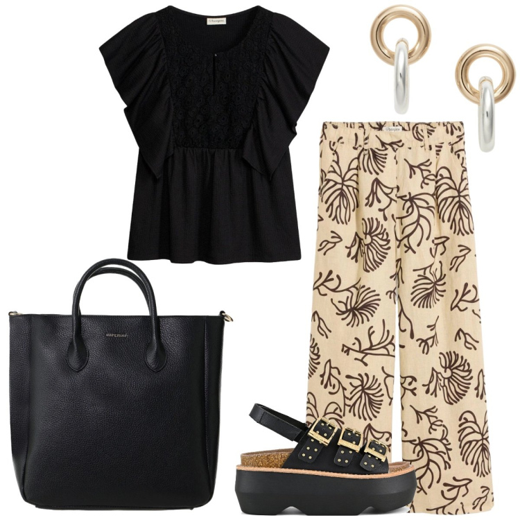Outfit donna - Total look #2418042. Stile Etnico per Tutti i giorni. Abbinamento con pantaloni, t-shirt, borse a tracolla, orecchini, sandali col tacco.