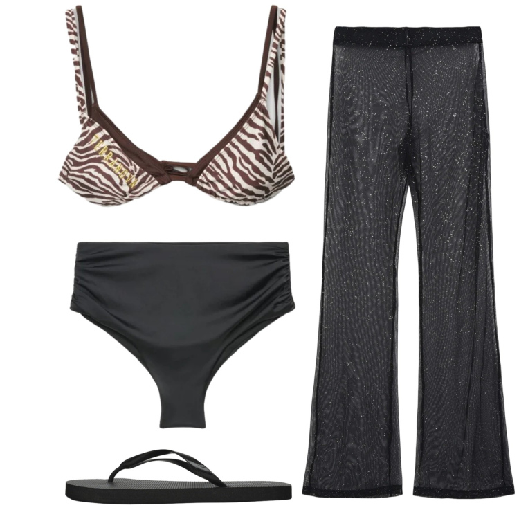 Outfit donna - Spiaggia di sera. Stile Basic per Mare. Abbinamento con vestiti da spiaggia, infradito, bikini, bikini.