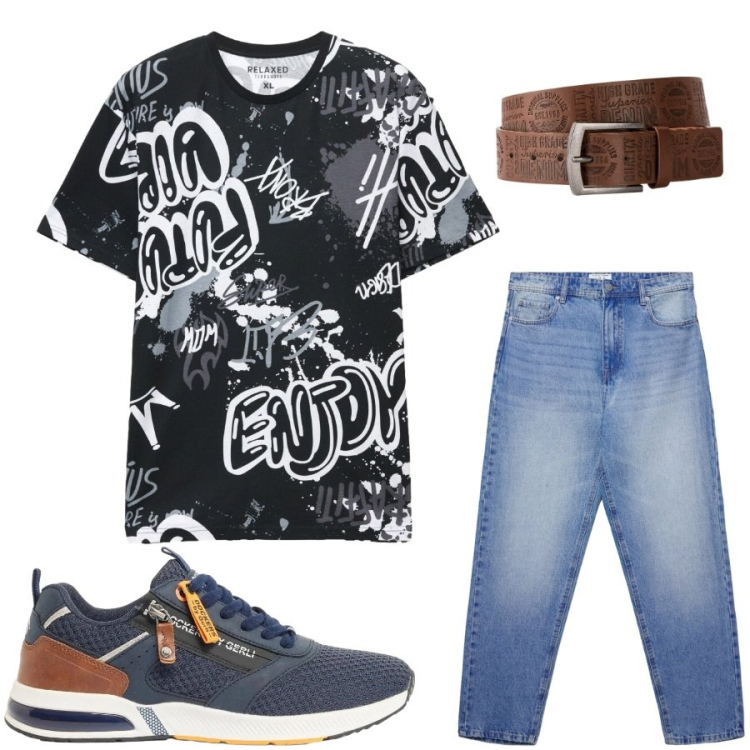Outfit uomo - Total look #2418048. Stile Casual per Tutti i giorni. Abbinamento con cinture, sneakers, jeans, t-shirt.