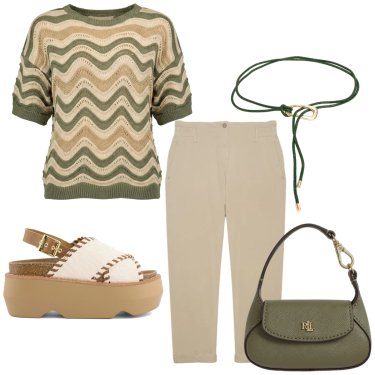 Outfit donna - Total look #2418049. Stile Minimal per Ufficio. Abbinamento con t-shirt, cinture, pantaloni, borse a mano, zeppe.