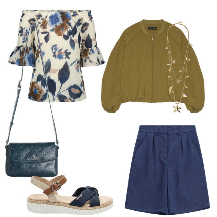 Outfit donna - Bermuda time. Abbinamento con sandali, collane, bermuda, borse a tracolla, bluse, blazer.