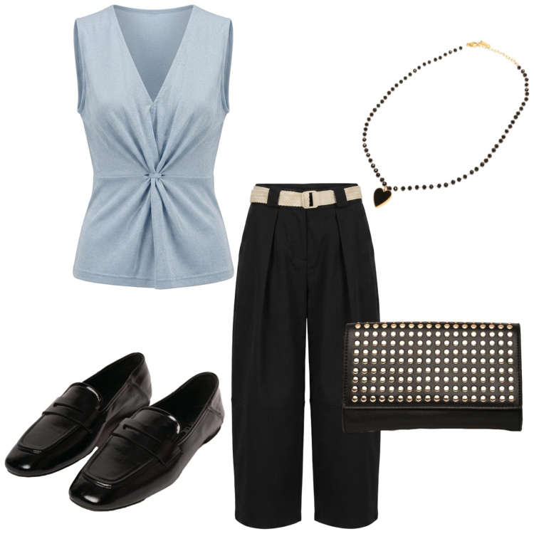 Outfit donna - Total look #2418051. Stile Trendy per Serata fuori. Abbinamento con top, pantaloni, mocassini, clutch, collane.