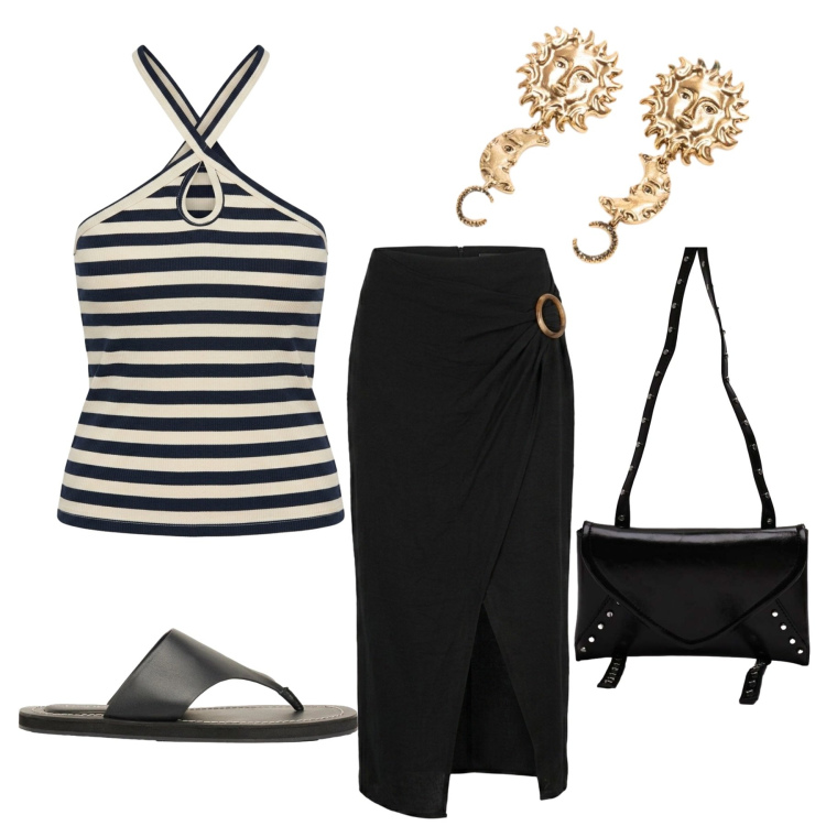 Outfit donna - Total look #2418053. Stile Glamour per Serata fuori. look ideale per Petite. Abbinamento con infradito, gonne longuette, orecchini, canottiere, borse a tracolla.