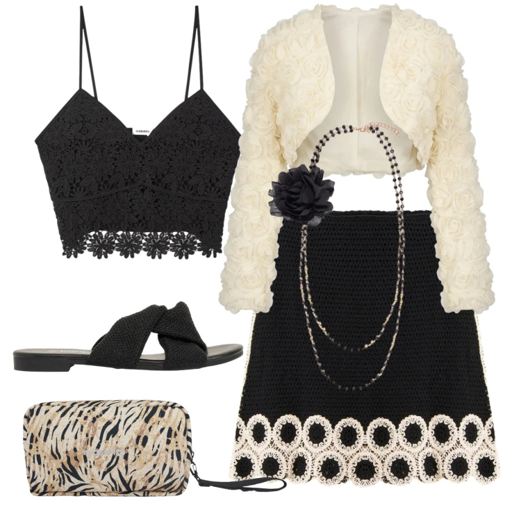 Outfit donna - Curvy elegante. Stile Casual chic per Serata fuori. Abbinamento con gonne, sandali, top, bolero, valigie, collane.