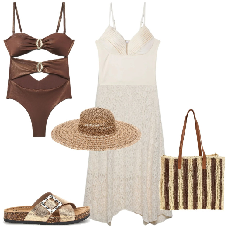 Outfit donna - Boho chic in spiaggia. Stile Boho per Mare. Abbinamento con gonne lunghe, canottiere, costumi interi, cappelli, borse a spalla, ciabatte.