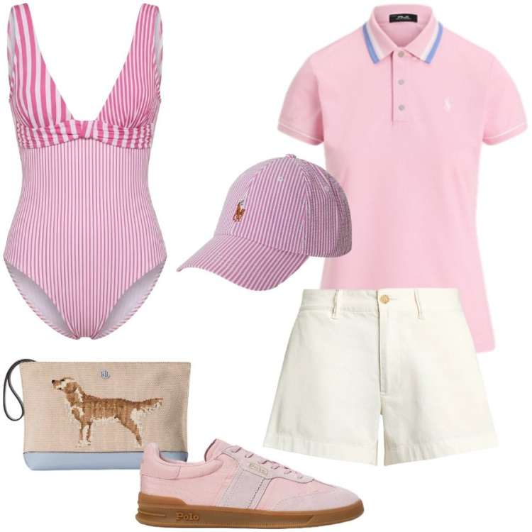 Outfit donna - Giro in barca. Stile Casual chic per Mare. Abbinamento con costumi interi, shorts, polo, pochette, sneakers, cappelli con visiera.