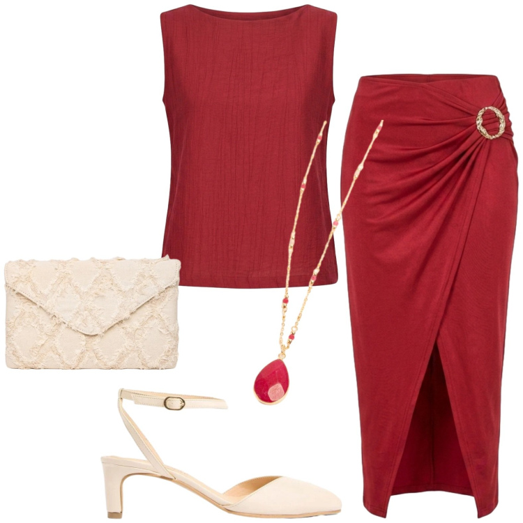 Outfit donna - Eleganza. Stile Chic per Serata fuori. Abbinamento con décolleté, gonne longuette, canottiere, collane, clutch.