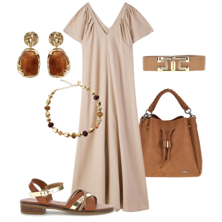 Outfit donna - Effortless city chic. Stile Chic per Tutti i giorni. Abbinamento con vestiti lunghi, collane, orecchini, borse a tracolla, cinture, sandali.