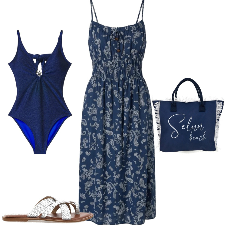 Outfit donna - Boho al mare. Stile Boho per Mare. Abbinamento con costumi interi, vestiti lunghi, ciabatte, shopping bag.