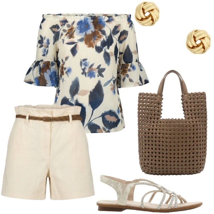 Outfit donna - Estate in città. Stile Casual chic per Tutti i giorni. Abbinamento con sandali, bluse, borse tote, shorts, orecchini.