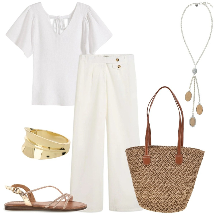 Outfit donna - Mediterraneo Chic. Stile Casual chic per Tutti i giorni. Abbinamento con bluse, pantaloni, braccialetti, collane, sandali, borse a spalla.