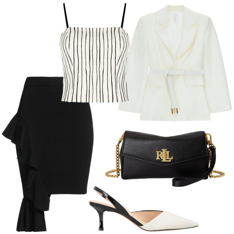 Outfit donna - Eleganza. Stile Chic per Serata fuori. Abbinamento con minigonne, décolleté, canottiere, blazer, portafogli.