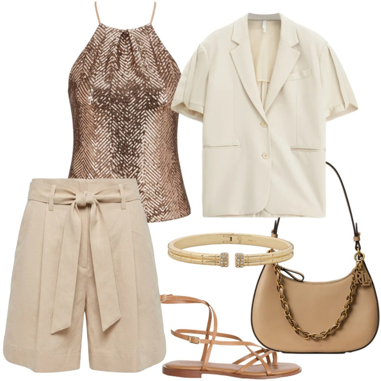 Outfit donna - Glamour in bermuda. Stile Glamour per Tutti i giorni. Abbinamento con canottiere, blazer, sandali in pelle, bermuda, borse a spalla, braccialetti.