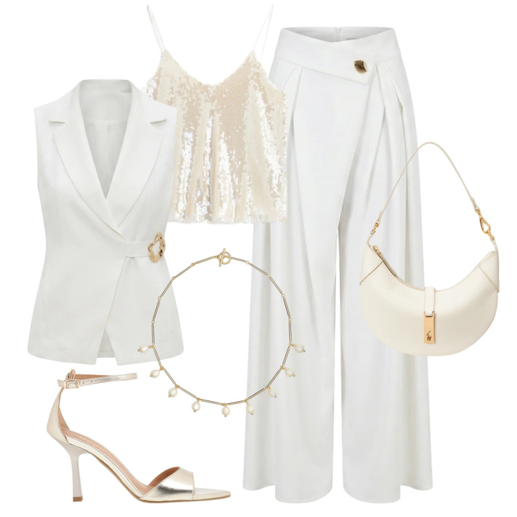 Outfit donna - Bianco e oro di sera. Stile Glamour per Serata fuori. Abbinamento con sandali in pelle, top, gilet, pantaloni a palazzo, borse a spalla, collane.