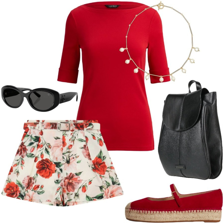 Outfit donna - Estate in città. Stile Casual chic per Tutti i giorni. Abbinamento con zaini, shorts, occhiali da sole, espadrillas, t-shirt, collane.