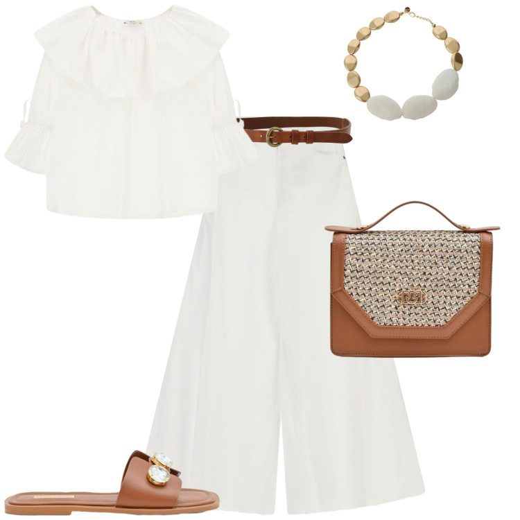 Outfit donna - Chic in città ufficio tempo libero. Stile Chic per Tutti i giorni. Abbinamento con pochette, sandali gioiello, cinture, collane, camicie, pantaloni a palazzo.
