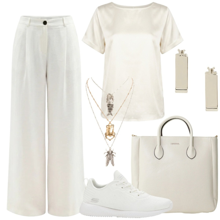 Outfit donna - Total White di giugno. Stile Casual chic per Tutti i giorni. Abbinamento con sneakers, pantaloni a palazzo, borse a tracolla, ciondoli, t-shirt, orecchini.