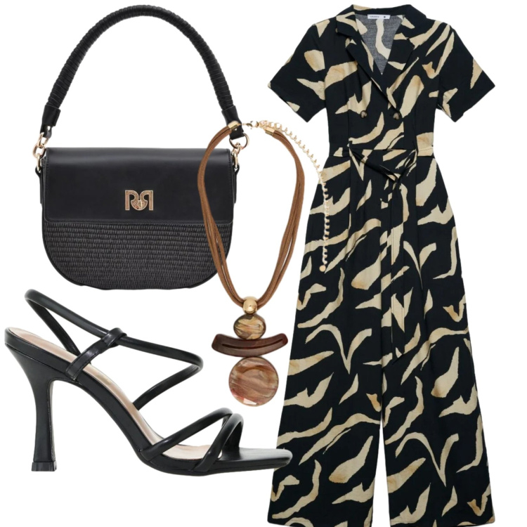 Outfit donna - Sandalo col tacco. Stile Casual per Ufficio. Abbinamento con tute, sandali col tacco, borse a spalla, ciondoli.