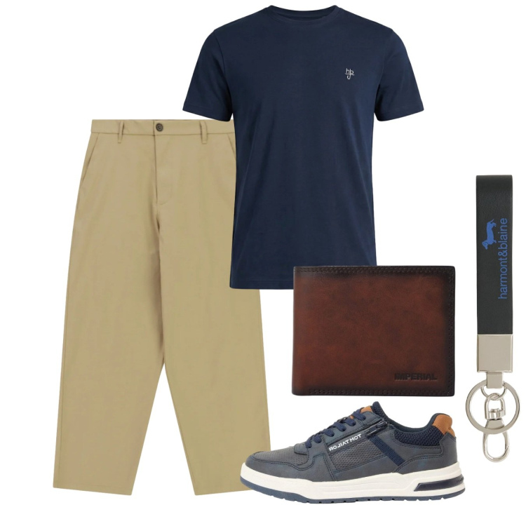 Outfit uomo - Giugno. Stile Casual per Tutti i giorni. Abbinamento con sneakers, t-shirt, portachiavi, portafogli, pantaloni.