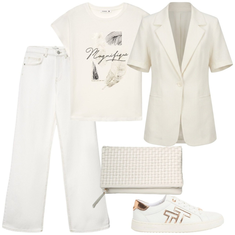 Outfit donna - Total White di giugno. Stile Casual chic per Ufficio. Abbinamento con sneakers, jeans, t-shirt, clutch, blazer.