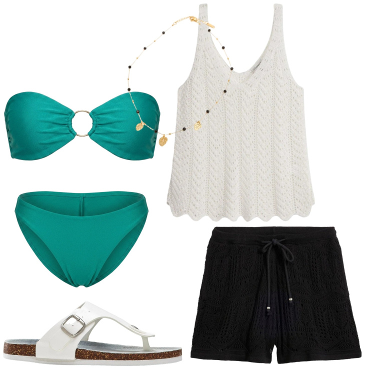 Outfit donna - Total look #2418099. Stile Glamour per Mare. Abbinamento con infradito, canottiere, shorts, collane, bikini, bikini.