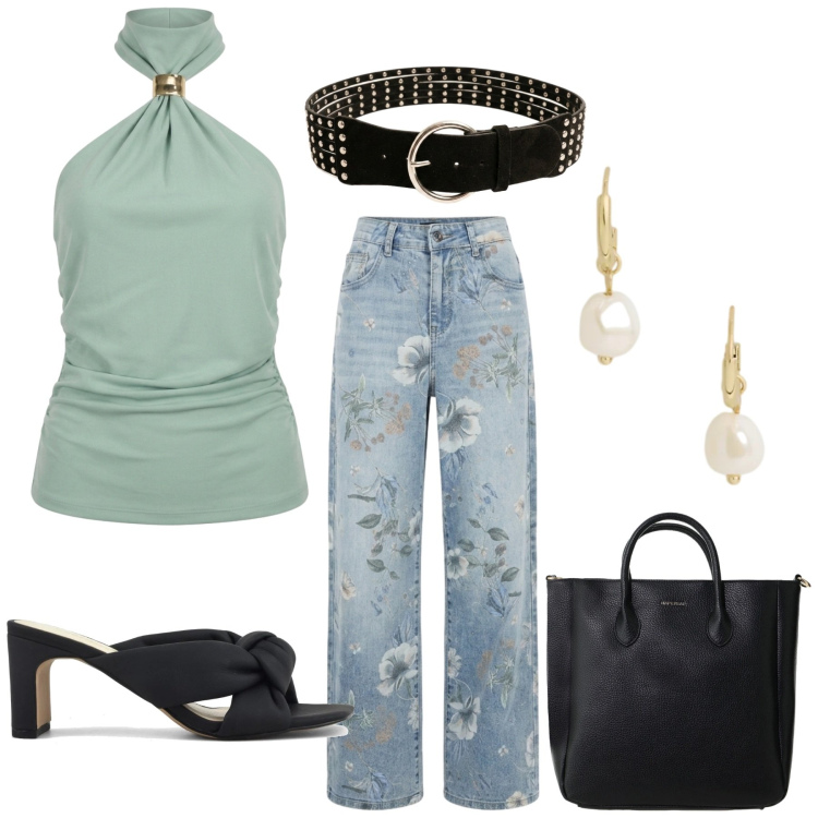 Outfit donna - Total look #2418100. Stile Romantica per Serata fuori. Abbinamento con borse a tracolla, jeans, top, cinture, orecchini, sandali col tacco.