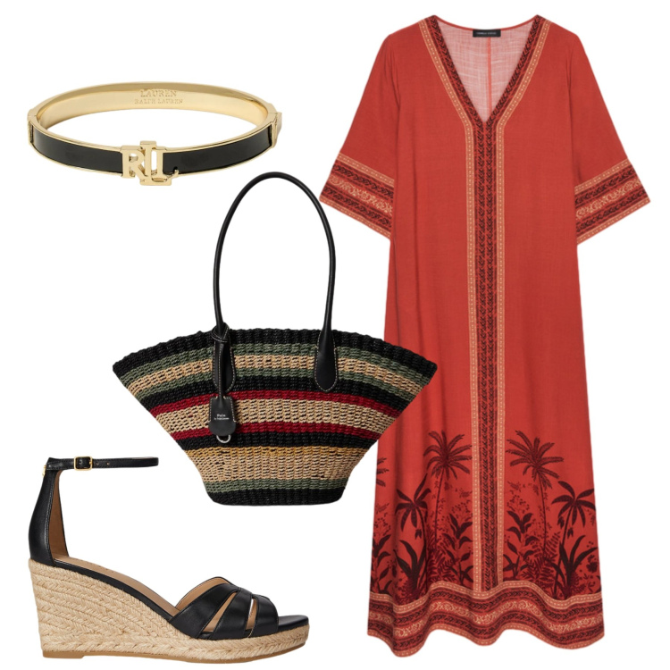 Outfit donna - Total look #2418102. Stile Etnico per Mare. Abbinamento con caftani, braccialetti, borse tote, zeppe.