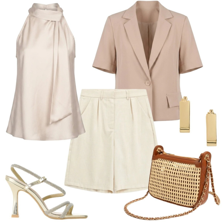 Outfit donna - Glamour in bermuda. Stile Glamour per Serata fuori. Abbinamento con bermuda, sandali col tacco, portafogli, top, blazer, orecchini.