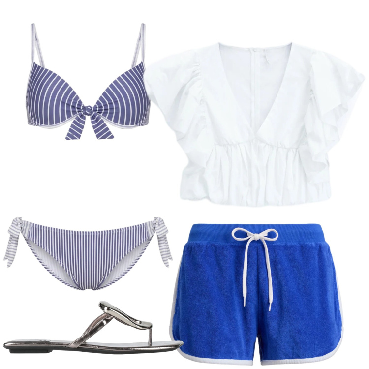 Outfit donna - Total look #2418104. Stile Minimal per Mare. Abbinamento con ciabatte, top, bikini, bermuda.