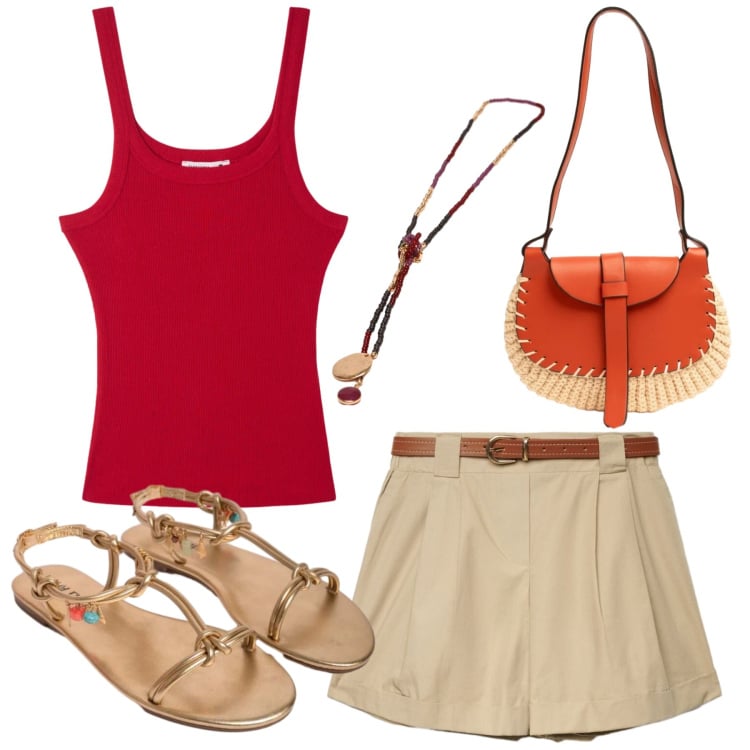 Outfit donna - Total look #2418105. Stile Etnico per Tutti i giorni. Abbinamento con canottiere, shorts, borse a tracolla, sandali in pelle, collane.
