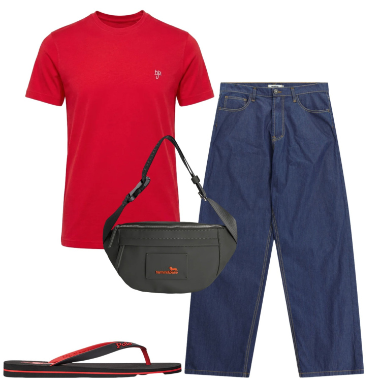 Outfit uomo - City. Stile Casual per Tutti i giorni. Abbinamento con borse sportive, t-shirt, sandali, jeans.