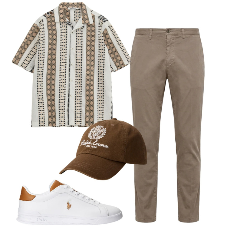 Outfit uomo - City. Stile Casual per Tutti i giorni. Abbinamento con pantaloni chino, sneakers, cappelli, camicie a manica corta.