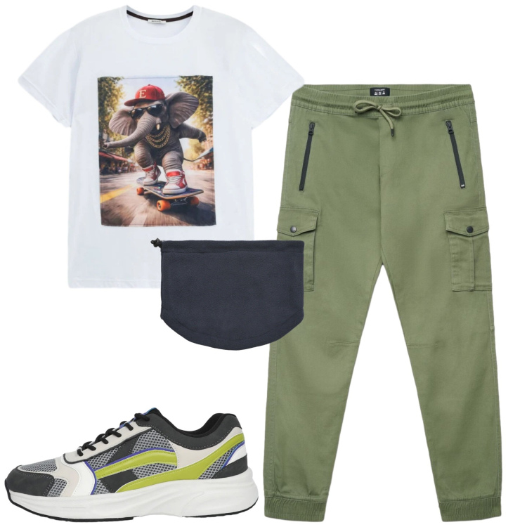 Outfit uomo - City. Stile Casual per Tutti i giorni. Abbinamento con sneakers, scaldacollo, pantaloni cargo, t-shirt.
