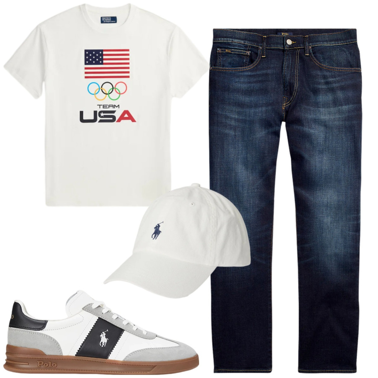 Outfit uomo - Sneakers bianche. Stile Casual per Tutti i giorni. Abbinamento con jeans dritti, sneakers, t-shirt, cappelli con visiera.