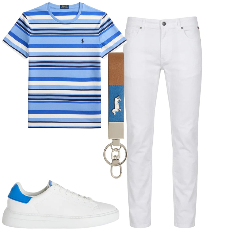 Outfit uomo - Giugno. Stile Casual per Tutti i giorni. Abbinamento con portachiavi, sneakers, pantaloni, t-shirt.