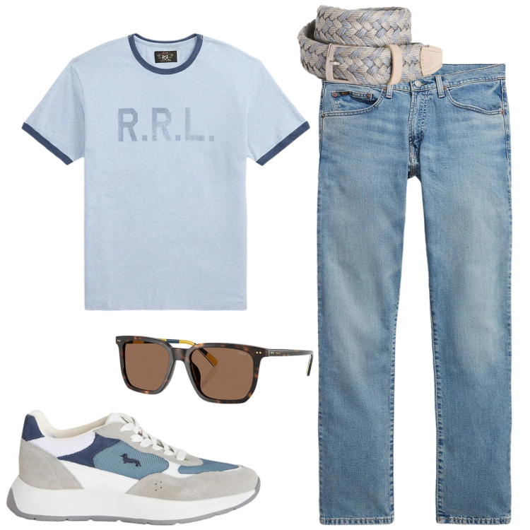 Outfit uomo - Giugno. Stile Casual per Tutti i giorni. Abbinamento con sneakers, cinture, occhiali da sole, jeans, t-shirt.
