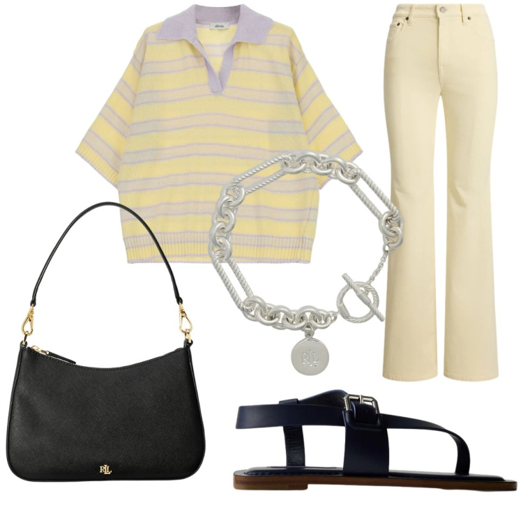 Outfit donna - Giallo. Stile Casual chic per Ufficio. Abbinamento con top, braccialetti, borse a spalla, pantaloni, sandali in pelle.