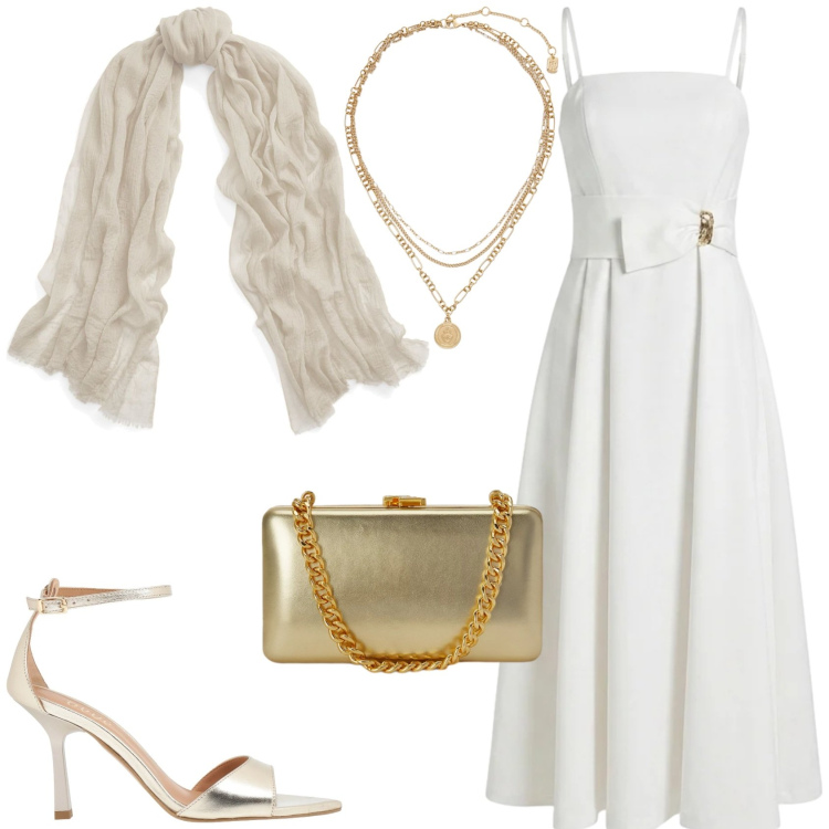 Outfit donna - Bianco per un evento. Stile Glamour per Cerimonia. Abbinamento con sandali in pelle, sciarpe, vestiti asimmetrici, ciondoli, clutch.