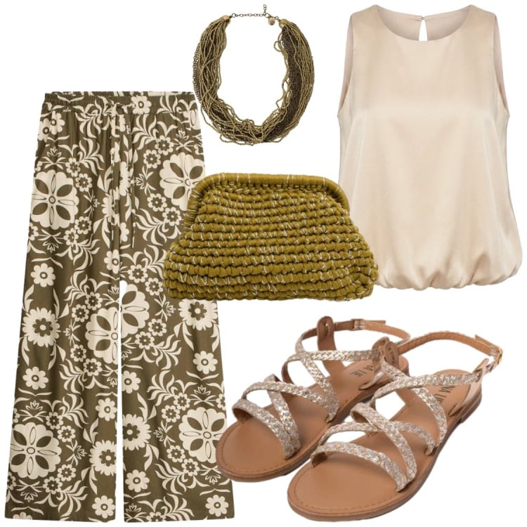 Outfit donna - Dettagli in vetde. Stile Chic per Serata fuori. Abbinamento con pantaloni, top, sandali in pelle, clutch, collane.