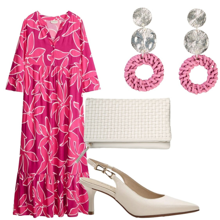 Outfit donna - Vestito lungo. Stile Chic per Serata fuori. Abbinamento con décolleté, orecchini, vestiti, clutch.