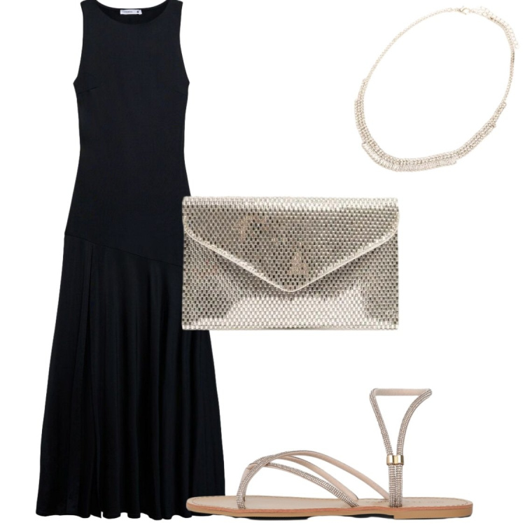 Outfit donna - Vestito lungo con spacco. Stile Glamour per Serata fuori. Abbinamento con vestiti lunghi, sandali, clutch, collane.