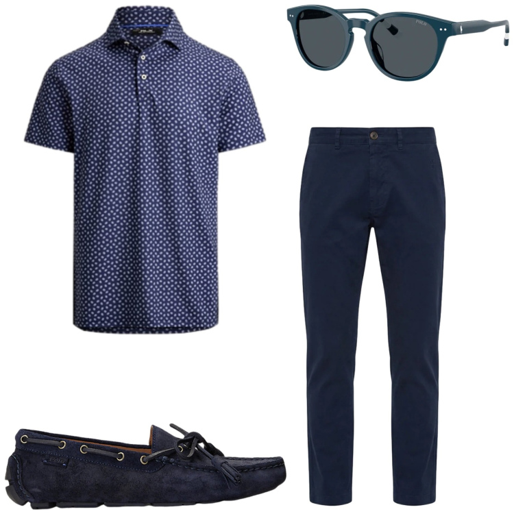 Outfit uomo - Il ritorno della polo. Stile Casual per Ufficio. Abbinamento con pantaloni, scarpe stringate, polo, occhiali da sole.