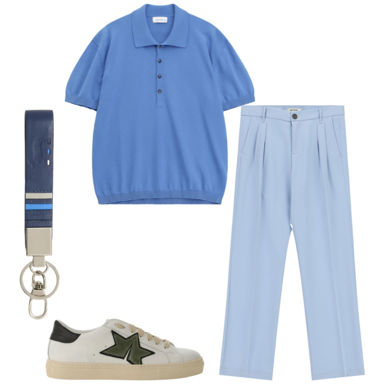 Outfit uomo - Il ritorno della polo. Stile Trendy per Tutti i giorni. Abbinamento con sneakers, polo, pantaloni, portachiavi.
