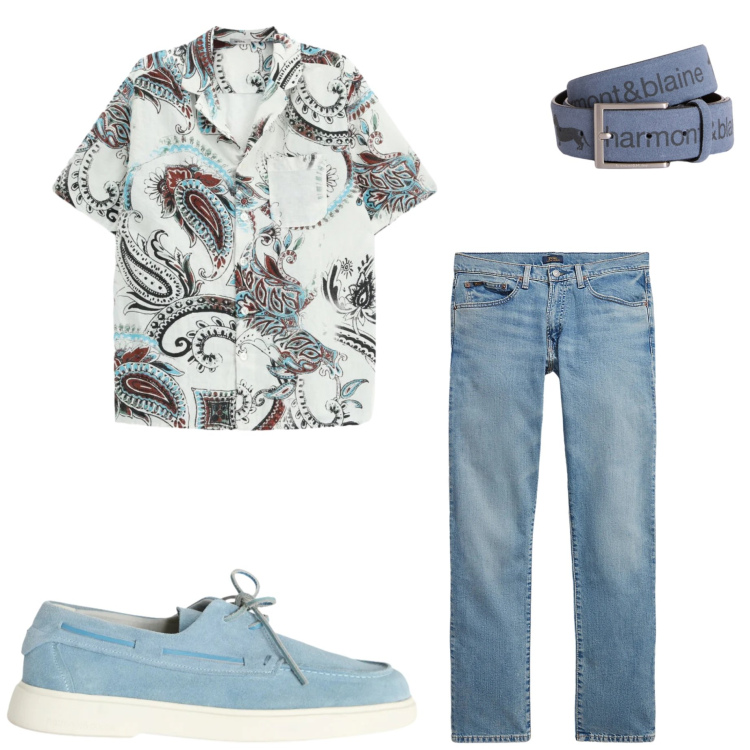 Outfit uomo - Denim chiaro d\'estate. Stile Casual per Tutti i giorni. Abbinamento con cinture, scarpe stringate, jeans, camicie a manica corta.