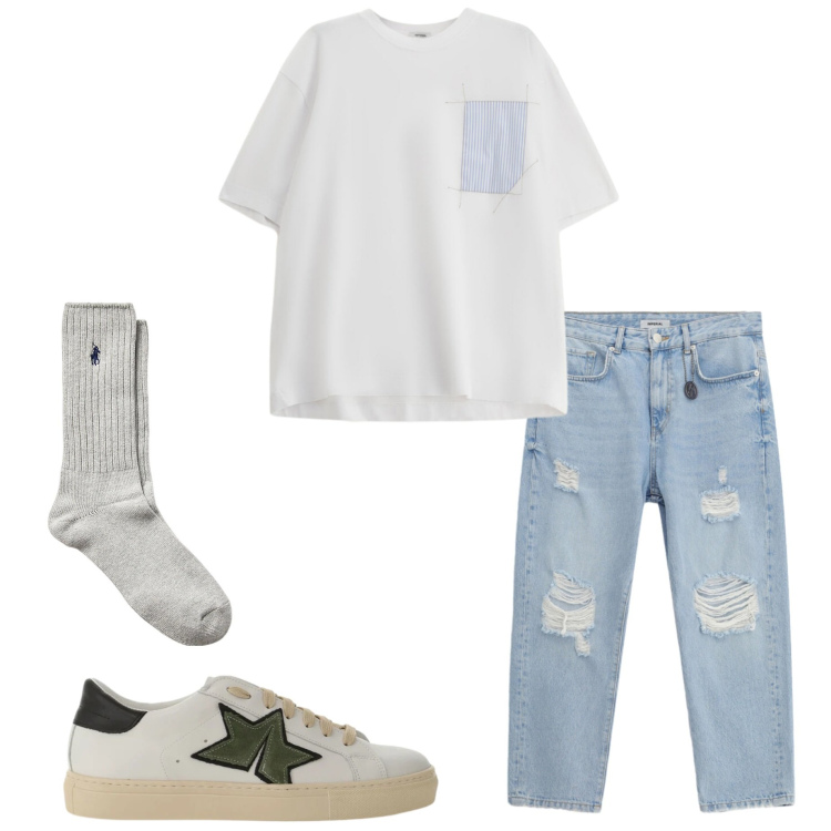 Outfit uomo - Denim chiaro d\'estate. Stile Casual per Tutti i giorni. Abbinamento con jeans strappati, t-shirt, sneakers, calzini.