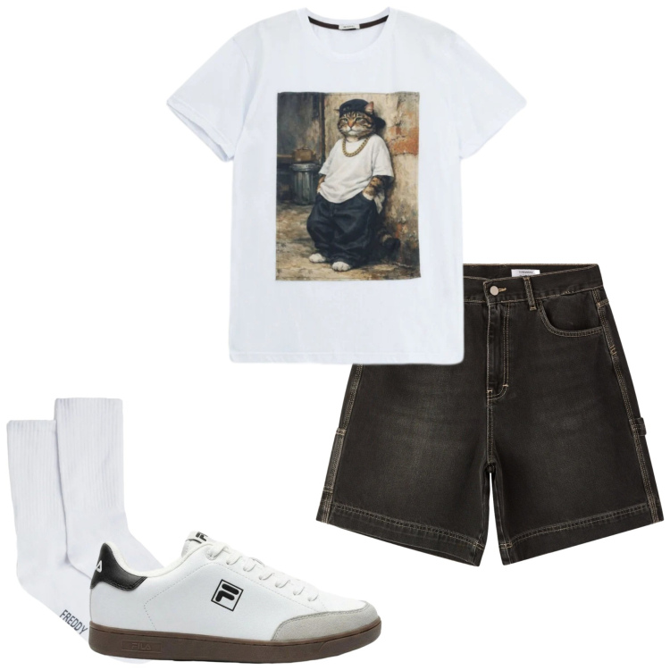 Outfit uomo - Sneakers bianche. Stile Casual per Tutti i giorni. Abbinamento con sneakers, bermuda, t-shirt, calzini.