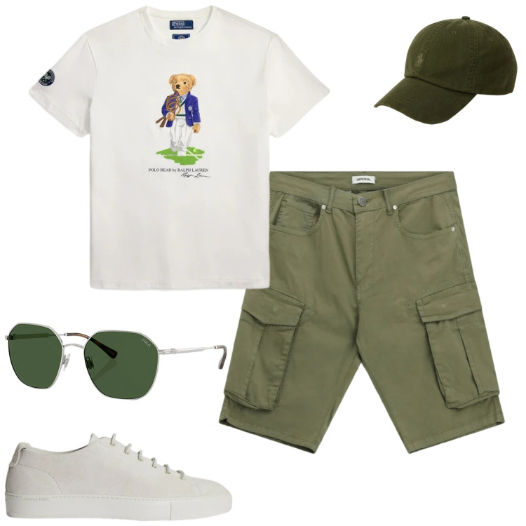 Outfit uomo - Sneakers bianche. Stile Casual per Tutti i giorni. Abbinamento con bermuda, occhiali da sole, sneakers, t-shirt, cappelli con visiera.