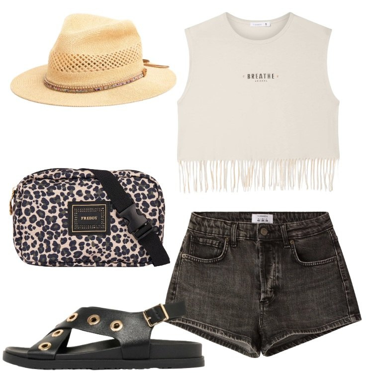 Outfit donna - Summer mood. Stile Trendy per Tutti i giorni. Abbinamento con sandali, t-shirt, shorts, marsupi, cappelli.